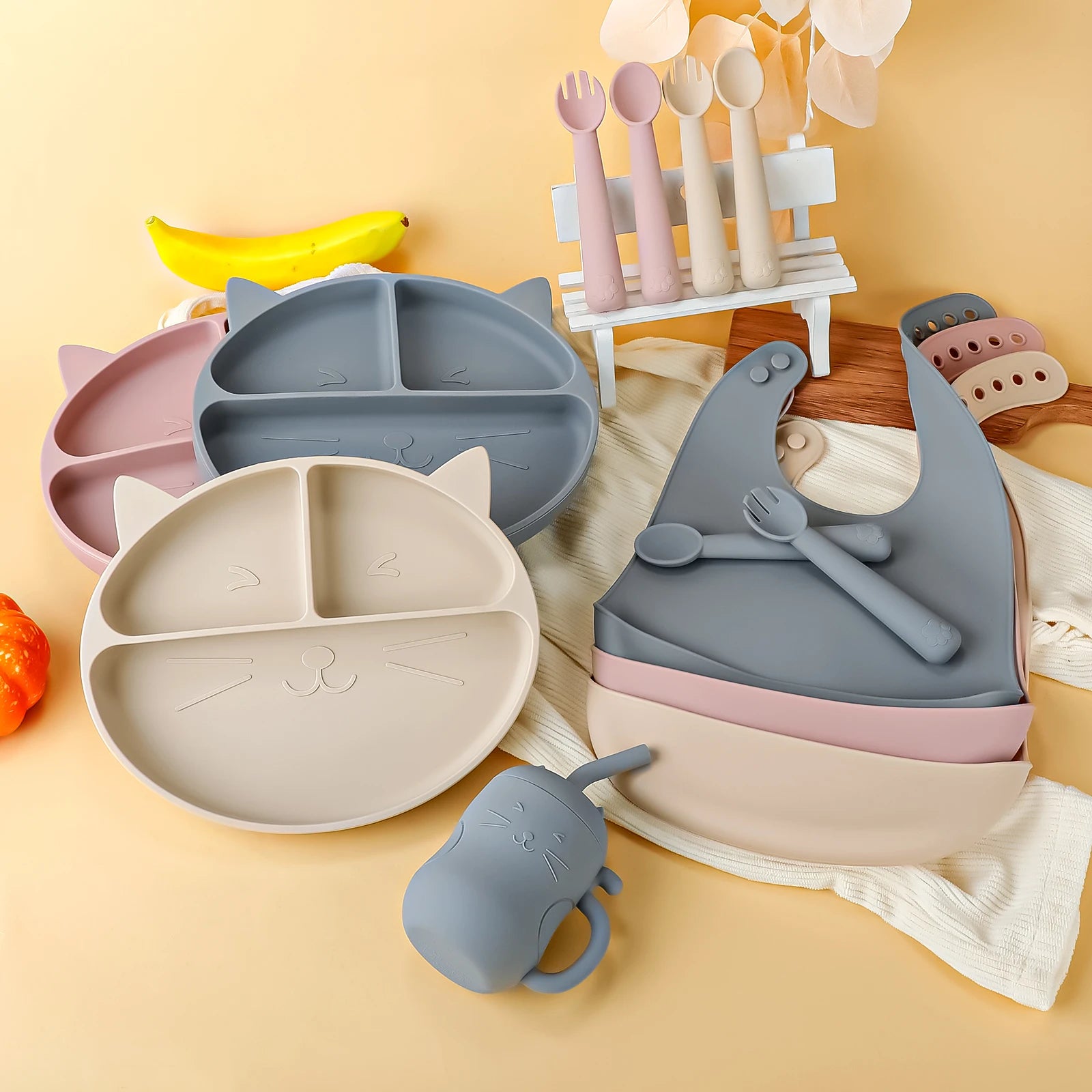 Set Pappa Silicone Gatto con Ventosa - Piatto Bambini