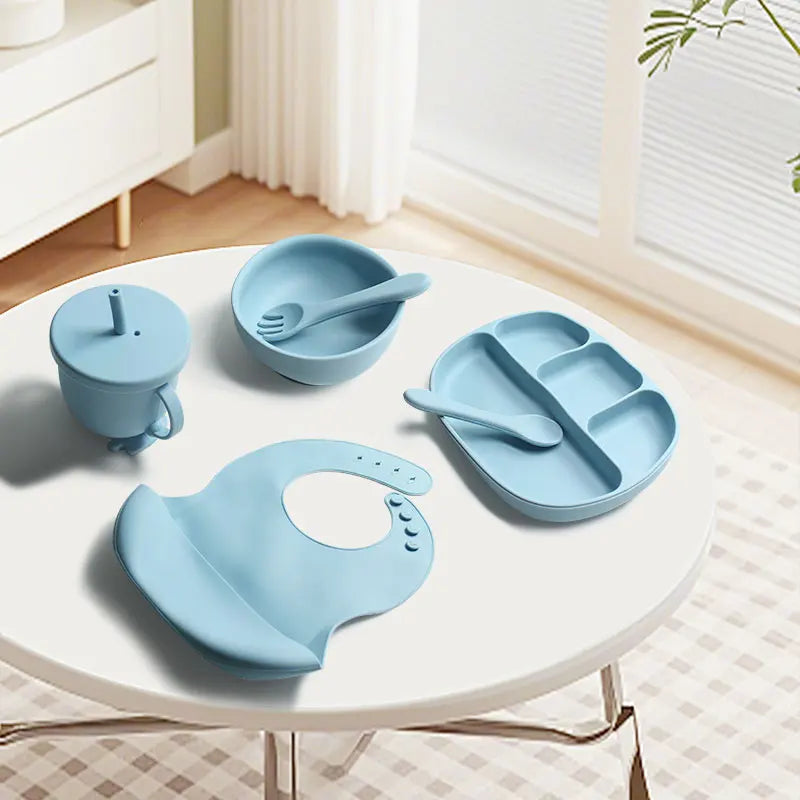 Set 5 Pezzi Silicone Neonati - Ciotola Bavaglino Tazza Posate Piatto