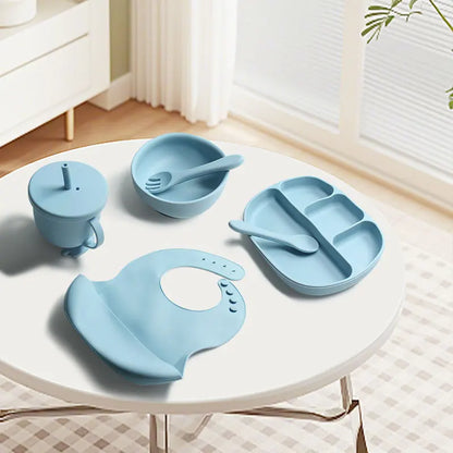 Set 5 Pezzi Silicone Neonati - Ciotola Bavaglino Tazza Posate Piatto