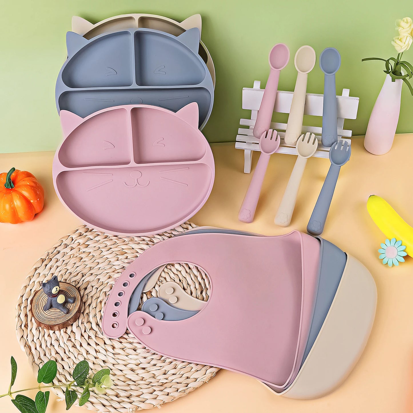 Set Pappa Silicone Gatto con Ventosa - Piatto Bambini